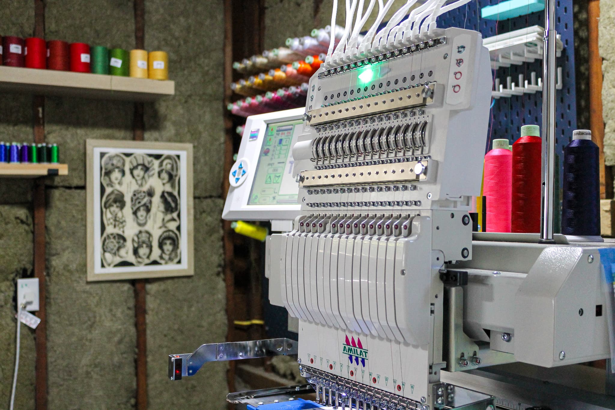 Embroidery machine running in the Westfield Threads studio